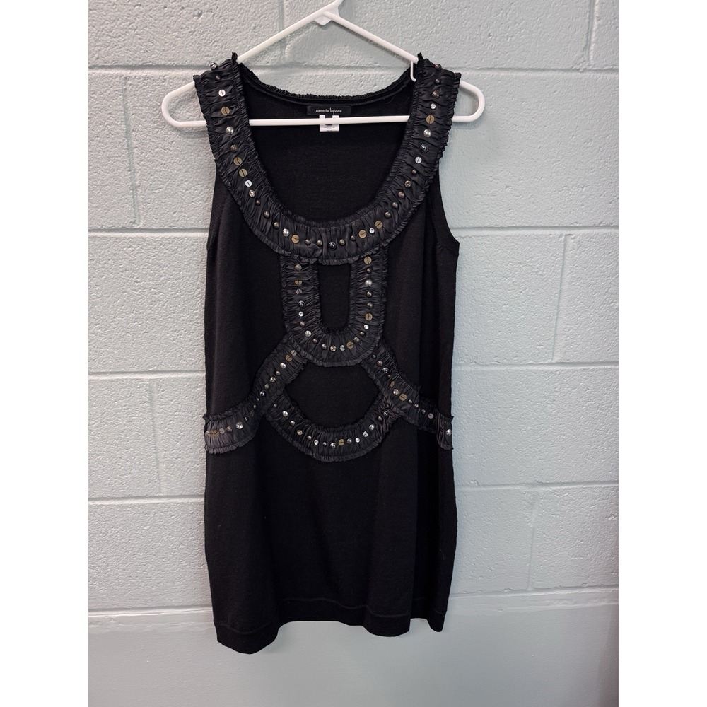 Nanette Lepore Sz Medium Black Silk Trim Studded Embellished Shift Sweater Dress